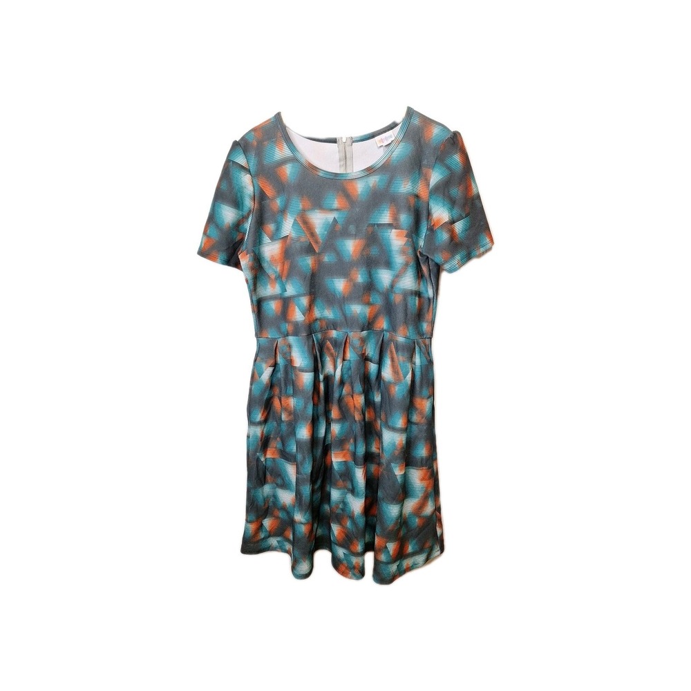 LuLaRoe Womens Pleated Dress Sz 3XL Teal Geometric Print Zipper Closure Amelia